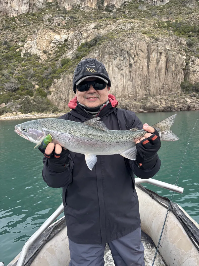 Pescador sostiene una gran trucha arcoíris capturada con mosca en un lago a las cercanías de Cerro Castillo, Aysén